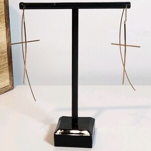 Gold Tone Cross Dangle Threader‎ Earrings 3in
